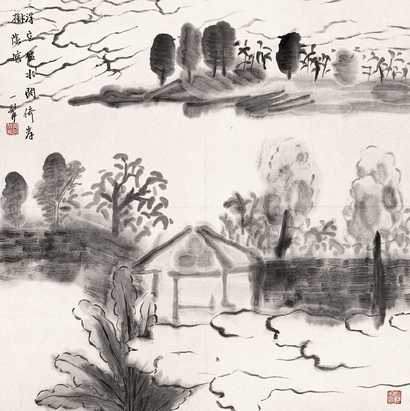 何加林 烟水树阴图 镜心